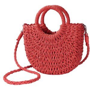Women's Red Straw Beach Woven Cross Body Shoulder Top Handle Satchel Handbag